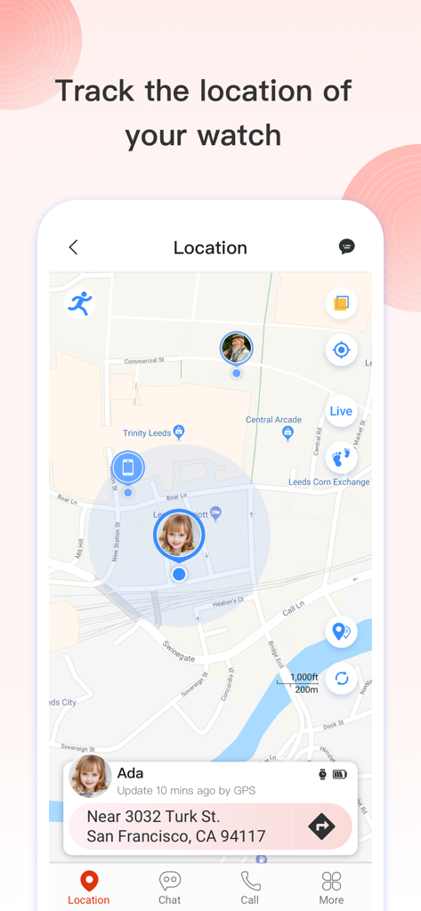 TCL Connect app interface showing real-time GPS location tracking for a kids smartwatch on a map