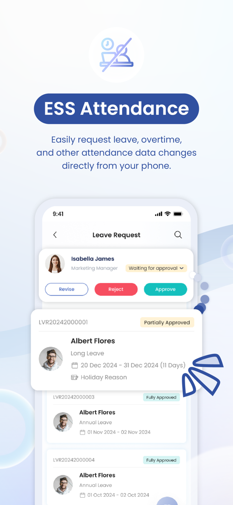 SunFish Mobile - SunFish Mobile app interface showing ESS attendance leave request and manager approval screen