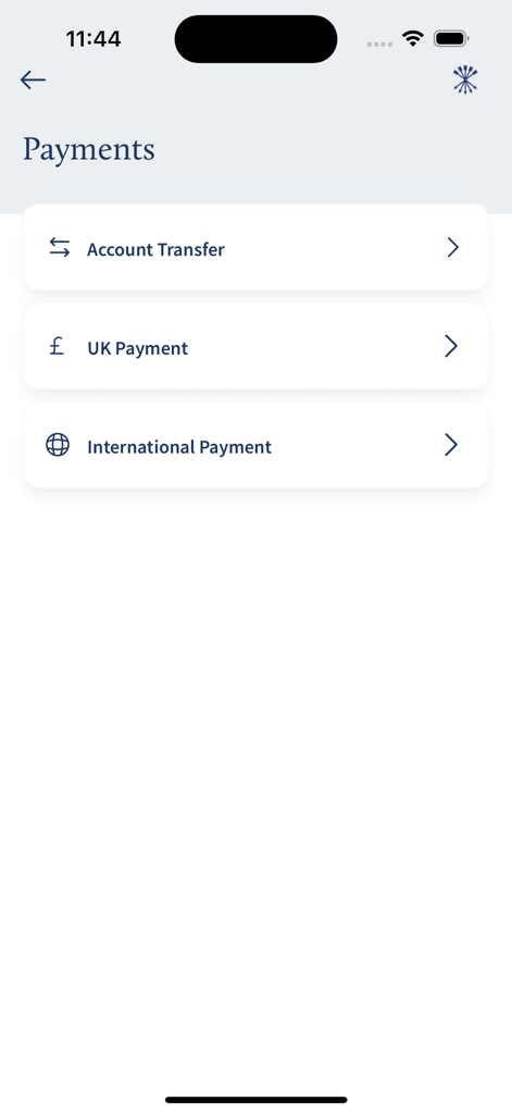 Rothschild & Co MobileBanking - Zahlungsmenü in der Rothschild und Co MobileBanking App mit Optionen für UK- und internationale Überweisungen