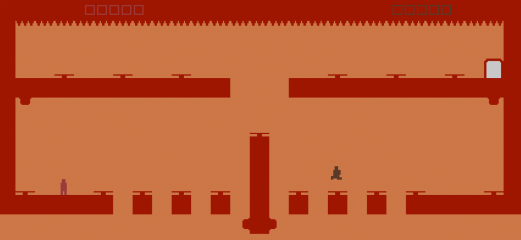 Ein minimalistisches Level in Level Devil, das eine Silhouette-Figur auf einer orangefarbenen Platforming-Bühne mit Stacheln und einer Tür zeigt.