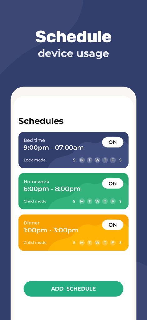 Interfaz de la aplicación Kidslox que muestra cómo programar el uso del dispositivo para la hora de dormir, las tareas y la cena.