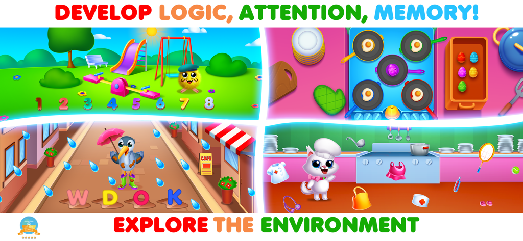 RMB Games: Pre K Learning Park - Pre K learning app screens showing numbers, alphabet, and logic games for toddlers