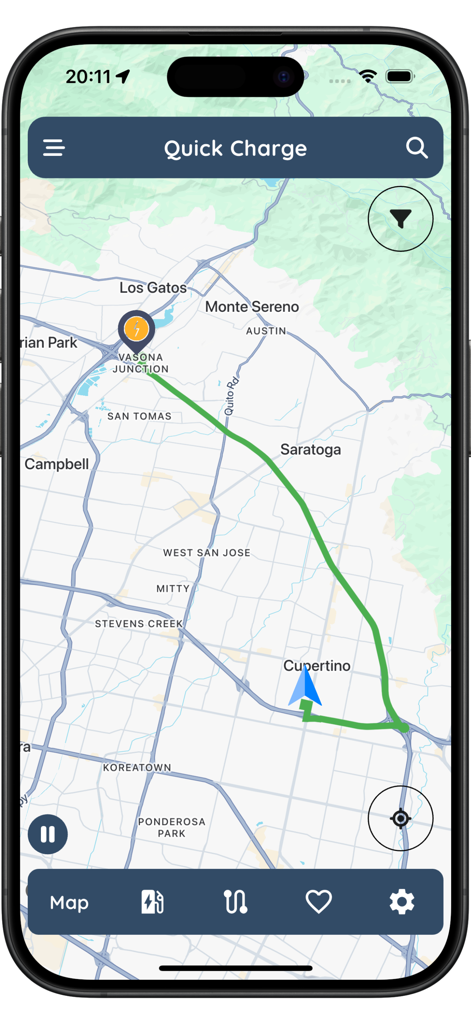 QuickCharge: EV Charging Map - El mapa de la aplicación QuickCharge muestra la ruta de navegación hacia una estación de carga para vehículos eléctricos
