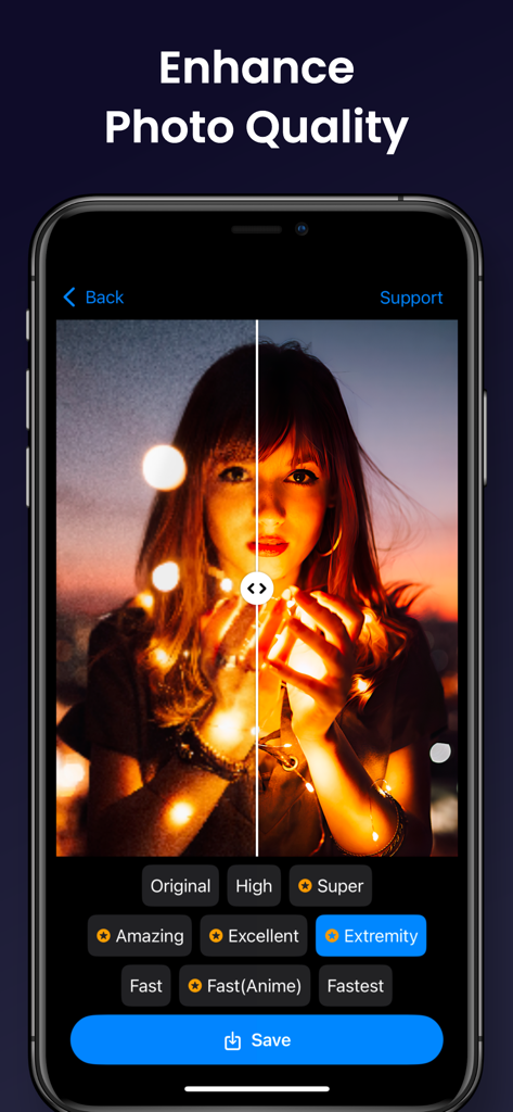 Enhance Photo / Video Easily - Una comparación de pantalla dividida que muestra una foto antes y después de la mejora con IA en la aplicación