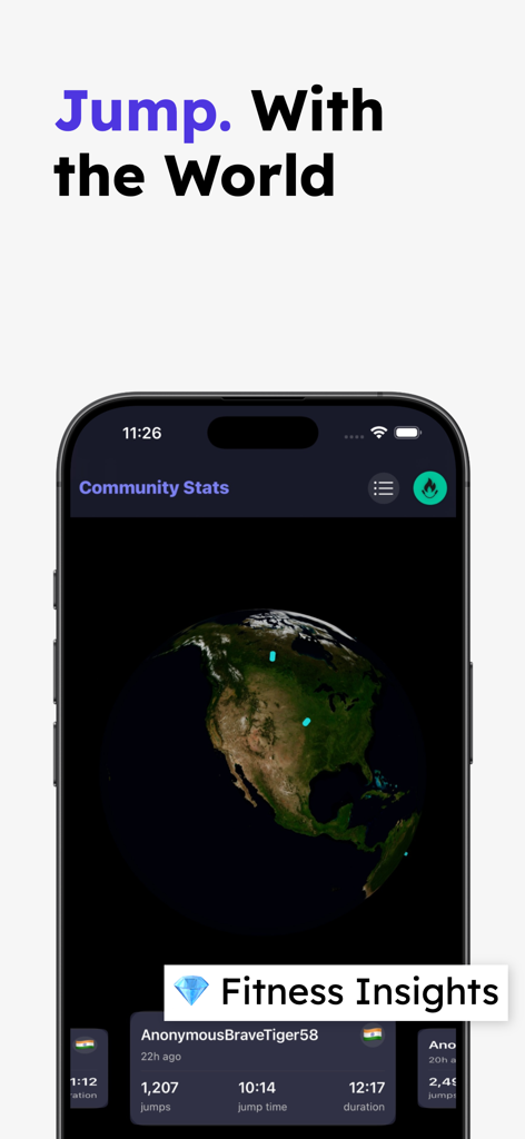 Jump Rope Fit - Jump Rope Fit app showing community jump stats on a global map