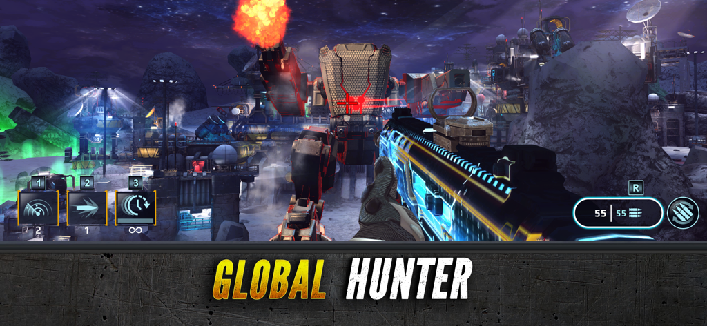 Sniper Fury: FPS Shooting Game - First person view of a player aiming a futuristic rifle at a giant robot in a snowy base at night.