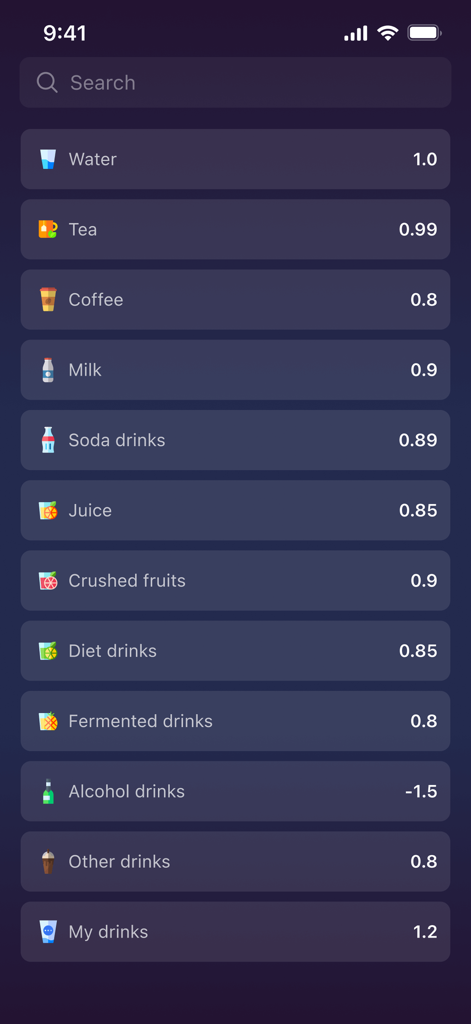 A list of various beverages including water tea coffee and juice with hydration values in the app interface