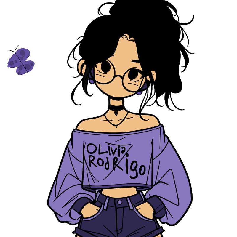 girl with a messy ponytail glasses a baggy crop top and jean shorts