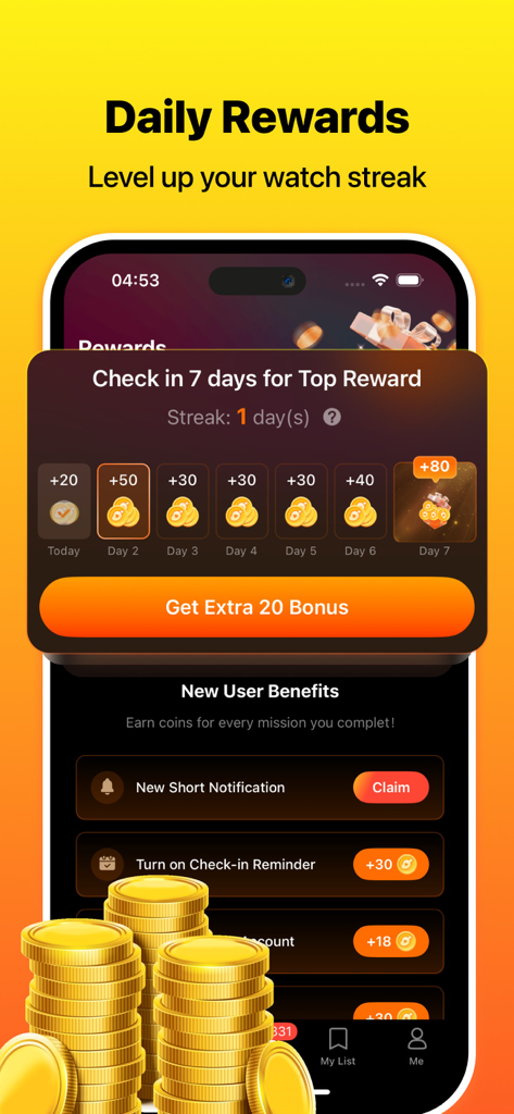 Mangogo – Original Anime - Mangogo app interface showing daily check-in rewards and gold coin bonuses for users