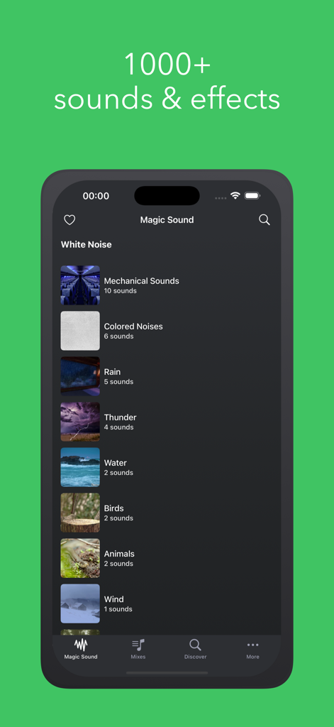 Magic Sound Pro app displaying white noise categories including rain thunder and water sounds