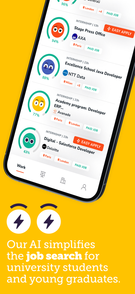 Joinrs - Job & Career - Joinrs mobile app screen displaying job listings with AI compatibility scores for graduates