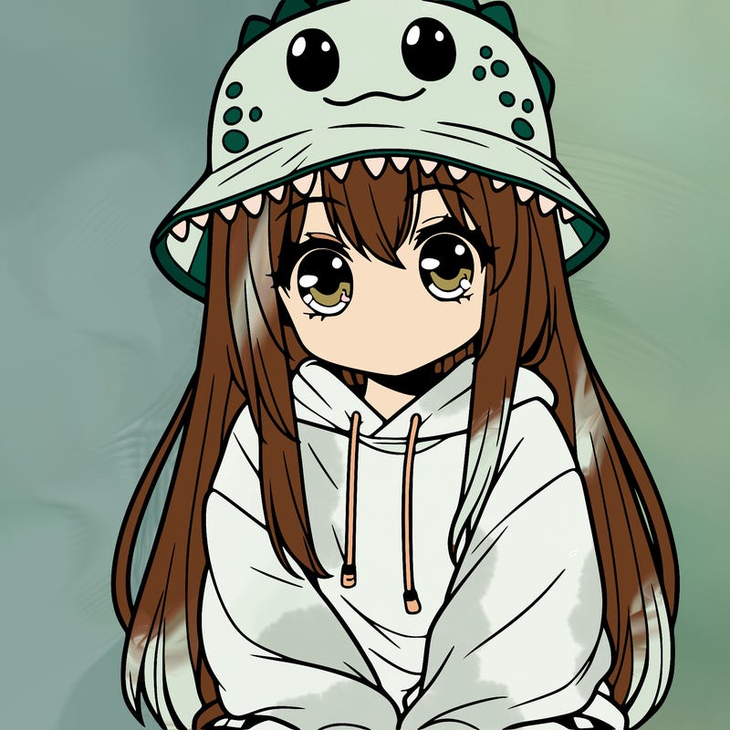 girl with anime shaped eyes with a dinosaur bucket hat oversized sweatshirt long straight hair