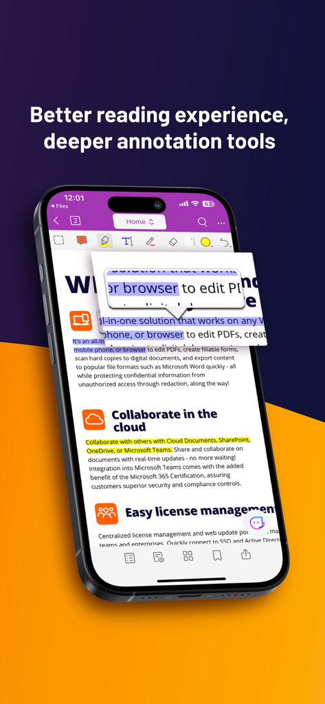 Foxit PDF Editor - Foxit PDF Editor app on a smartphone showing annotation and cloud collaboration tools