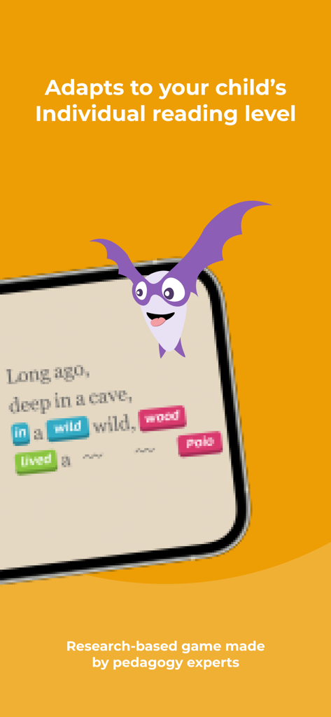 La aplicación Kahoot Learn to Read by Poio muestra un libro digital de cuentos de hadas con palabras de fonética resaltadas y un lindo personaje morado.