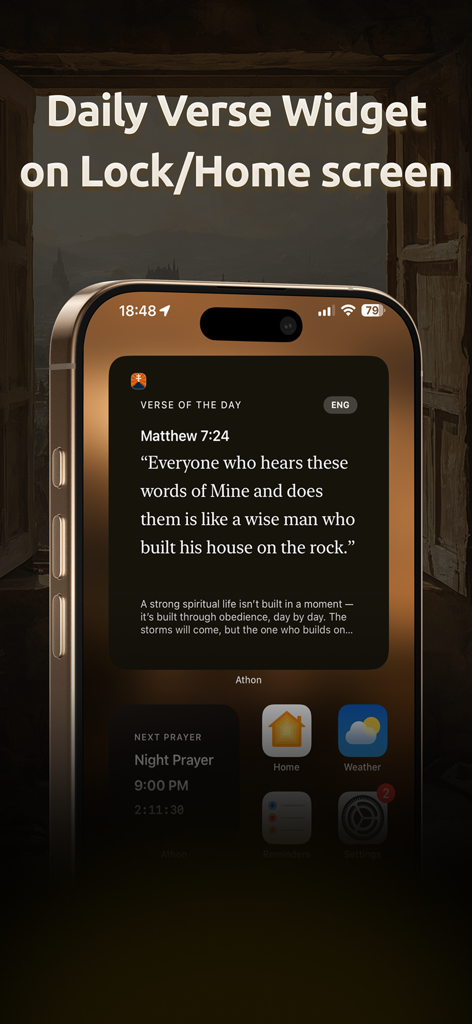 Athon: Orthodox Bible - iPhone home screen showing Athon Orthodox Bible daily verse and next prayer widgets
