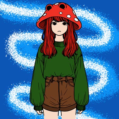 a realistic girl with a frog hat and baggy mushroom shirt