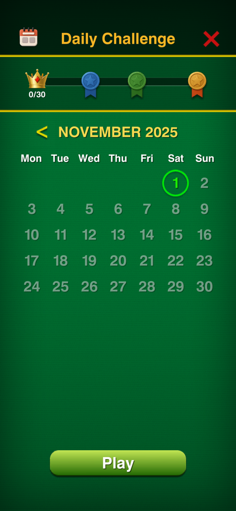 Zen Solitaire - Classic Card - Daily challenge calendar screen for November in Zen Solitaire