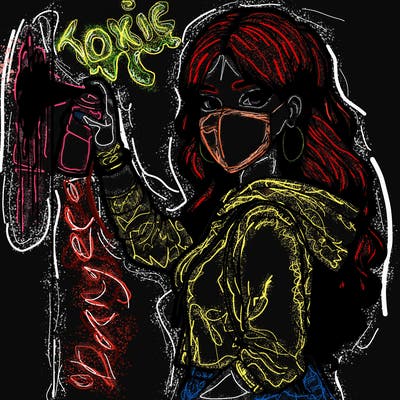 realistic girl with mask spray painting a wall