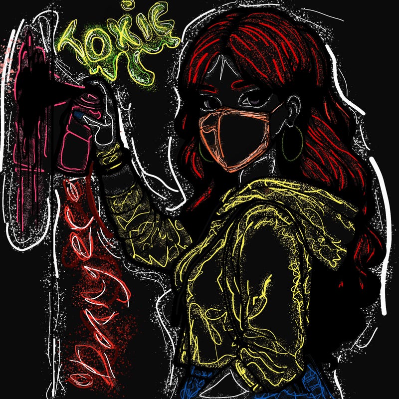 realistic girl with mask spray painting a wall