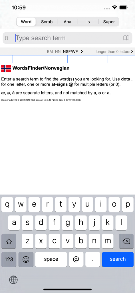 NO Words Finder PRO/Norwegian - Interfaccia principale dell'app NO Words Finder PRO per giochi di parole norvegesi con una barra di ricerca e tastiera.