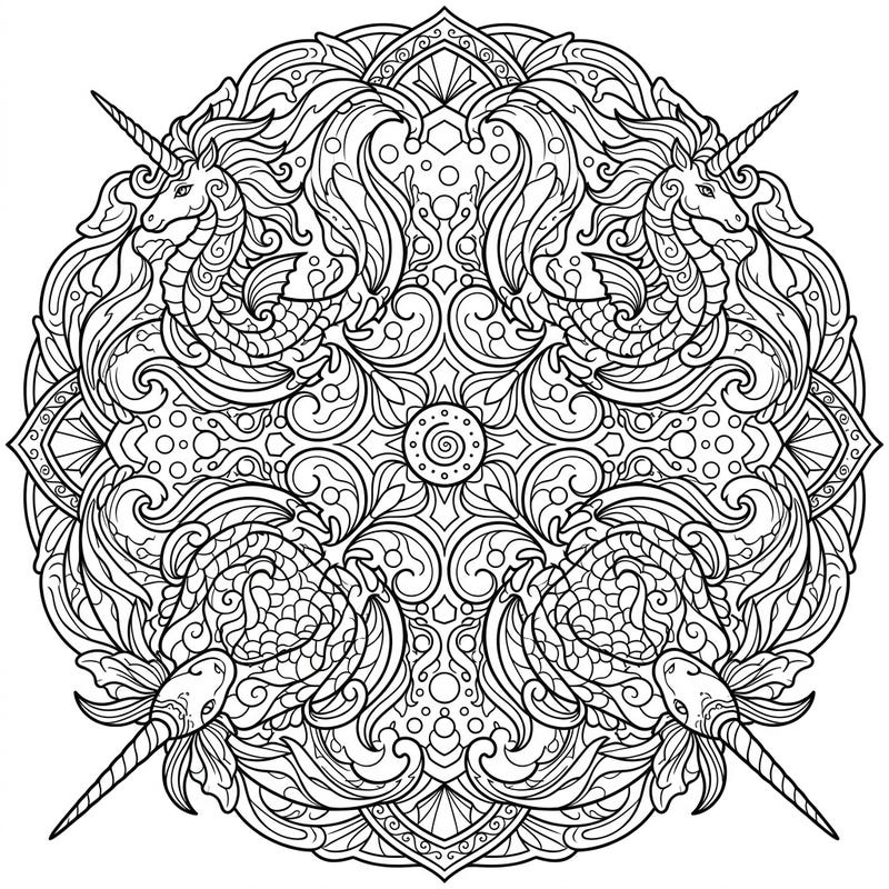 Discover a mesmerizing blend of mythical creatures and intricate patterns with our Sea Unicorn Mandala coloring page. This unique design offers a relaxing and creatively stimulating experience for all ages.