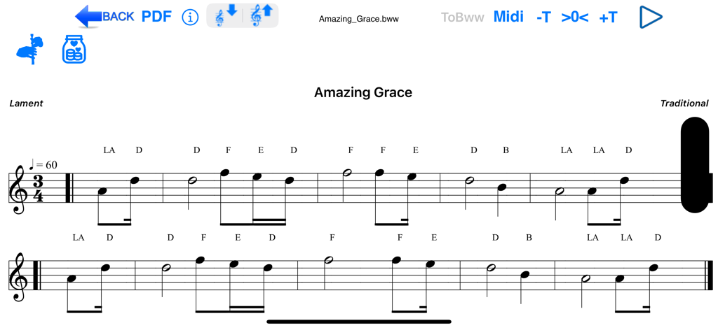 Bagpipe Player app interface showing sheet music for Amazing Grace