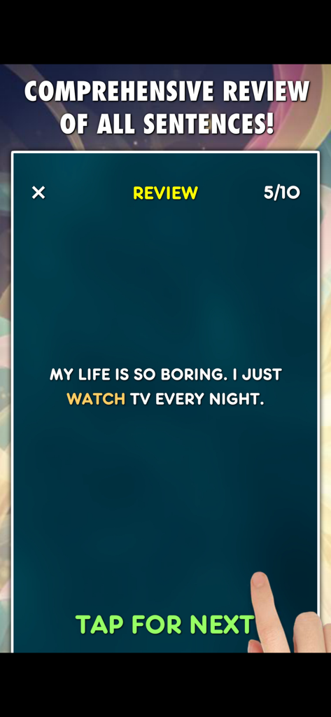 A screen from the Present Tenses Test PRO app showing a grammar review for the sentence My life is so boring I just watch TV every night