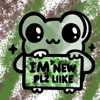 cute frog holding sign saying “i’m new plz like”