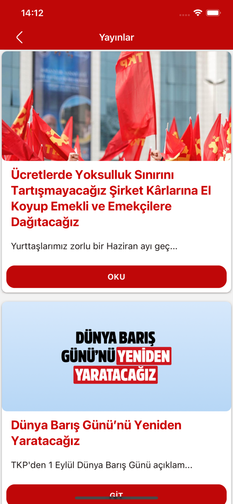 TKP - TKP-Mobil-App-Publikationsbildschirm mit politischen Nachrichtenartikeln und roten Fahnen
