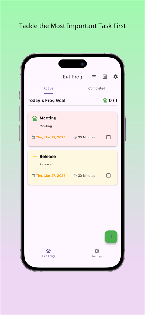 Frog - Eat That Frog Task M... - Smartphone screen displaying the Frog task management app interface with active task cards and a daily goal tracker.