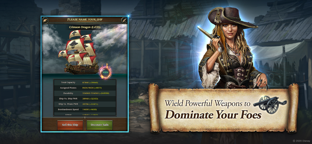 Écran de personnalisation des navires et personnage de pirate féminin dans Pirates des Caraïbes : Tides of War