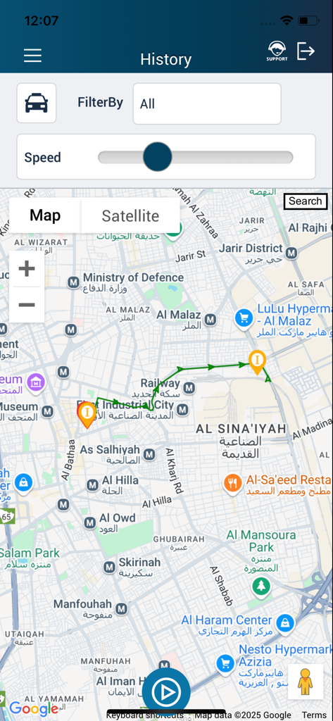 AwtlTrack - AwtlTrack mobile App-Verlaufsbildschirm, der eine verfolgte Fahrzeugroute auf einer Stadtkarte anzeigt