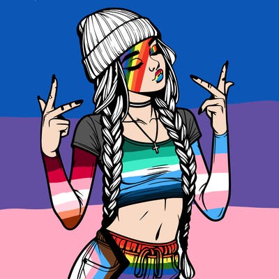 realistic teenage girl with braids and a beanie and crop top doing 🫶🏼