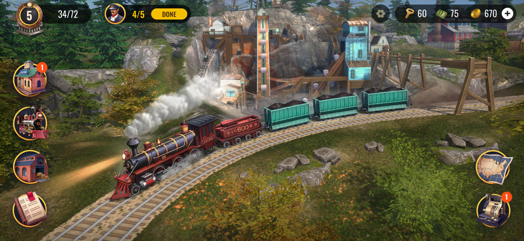 Railroad Empire: Train Game - Un train à vapeur classique transportant du charbon à travers un paysage industriel dans un simulateur de magnat