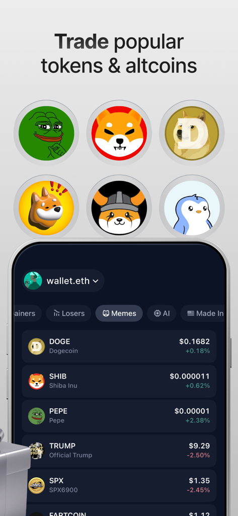 Crypto.com: Onchain Wallet - 인기 있는 밈코인 가격과 거래 옵션을 보여주는 Crypto.com 온체인 지갑 인터페이스