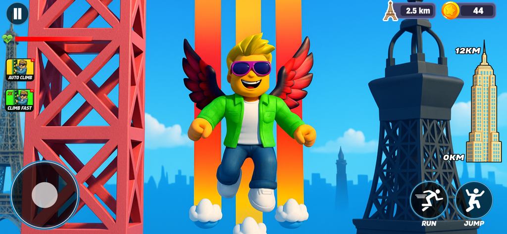A winged character jumping through a colorful obstacle course with landmarks in the background of Crazy Jump Tower Obby.