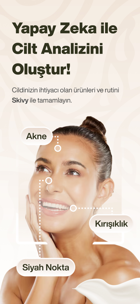 Skivy: AI Cilt Bakımı - Un rostro femenino siendo analizado por la aplicación Skivy AI para identificar preocupaciones de la piel como acné, arrugas y puntos negros.