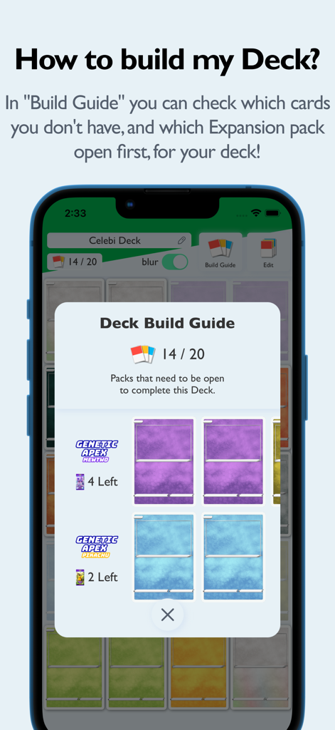 PTCGP Dex Pro: TCG Guide app - A deck build guide in the PTCGP Dex Pro app showing missing cards and recommended expansion packs to complete a deck.