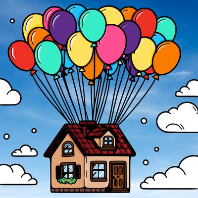 house floating from lots of balloons