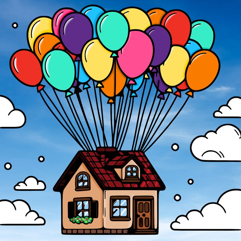 house floating from lots of balloons