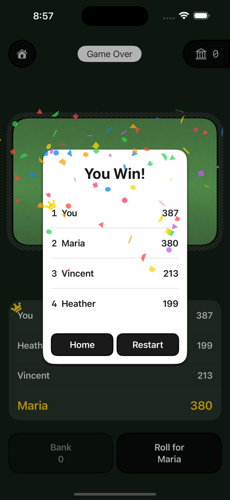 Bank - A Dice Game - Winning leaderboard screen in the Bank dice game app showing player scores and celebratory confetti.