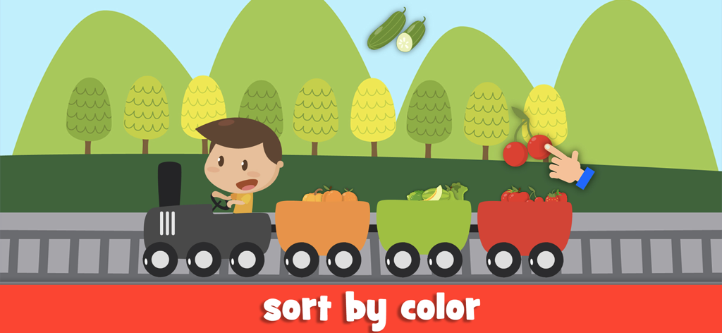 Una pantalla de juego para niños pequeños que muestra un tren con vagones de colores para clasificar frutas y verduras por color.