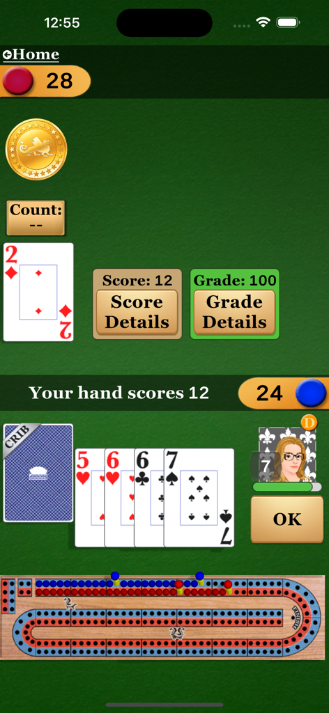 Cribbage Pro - Una captura de pantalla del juego de Cribbage Pro mostrando una mano anotando 12 puntos con un fondo clásico de fieltro verde y un tablero de clavijas de madera tradicional.
