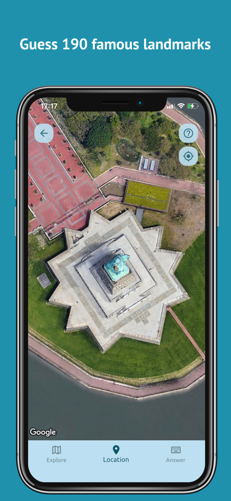 Geo Mania: Guess the Location - Top down satellite view of the Statue of Liberty in Geo Mania app