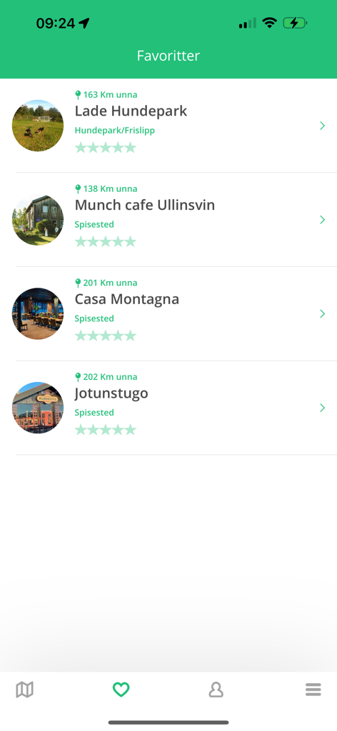 공원과 카페를 포함한 좋아하는 반려견 동반 가능 장소 목록을 보여주는 HundeVenn 앱 화면