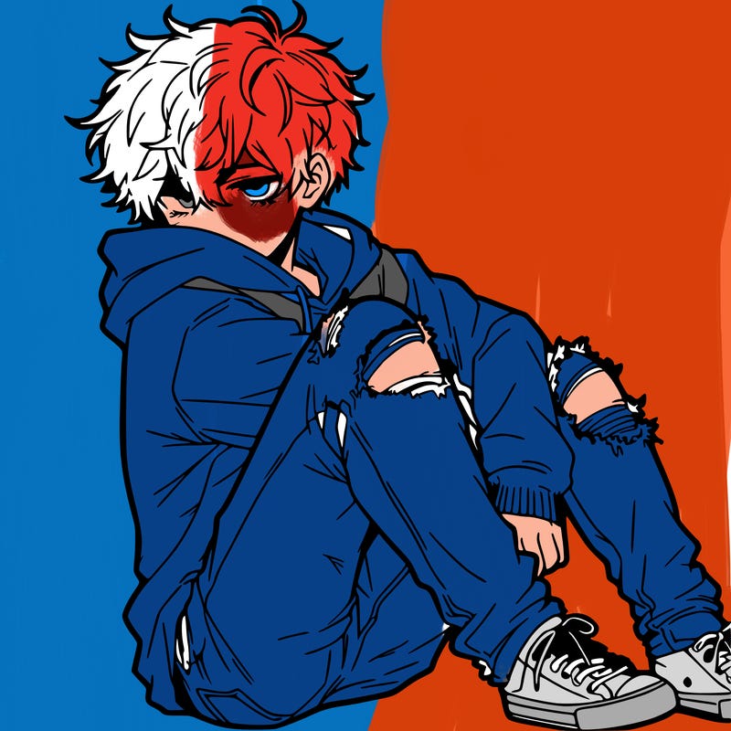 a male hoddie ripped jeans messy hair anime