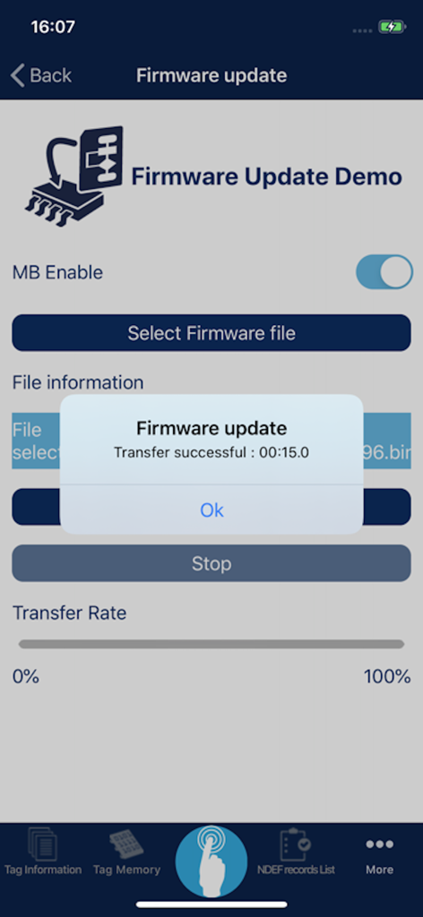 NFC Tap - A screenshot of the NFC Tap app showing a successful firmware update transfer message on a technical interface.