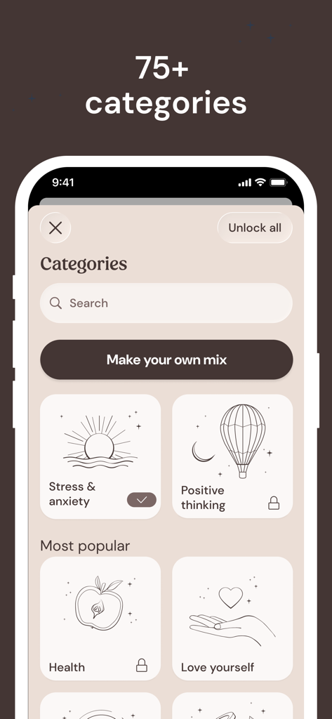 I am - Daily Affirmations - Schermata di un'app mobile che mostra oltre 75 categorie di affermazioni tra cui Stress e Ansia e Pensiero Positivo