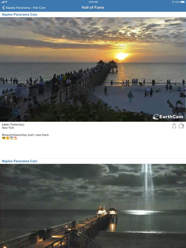 Screenshot of the EarthCam app Hall of Fame showing live camera feeds of the Naples pier at sunset and night