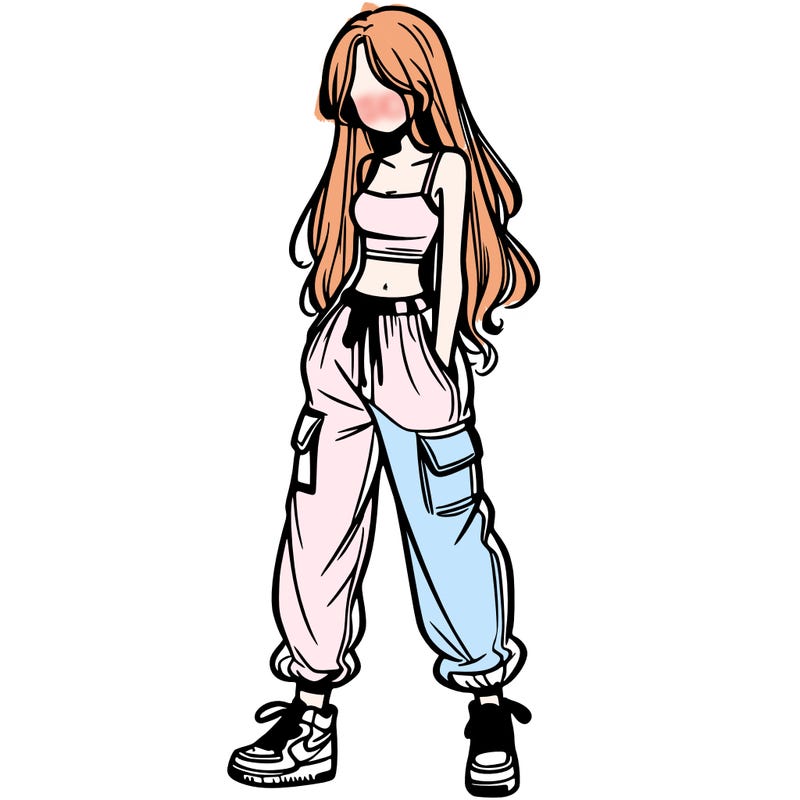girl in baggy pants crop top and long hair